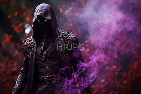 High Resolution: Anonymous hooded figure dark armor glowing blue eyes black mask purple smoke autumnal red foliage background download. | HRJPG.com