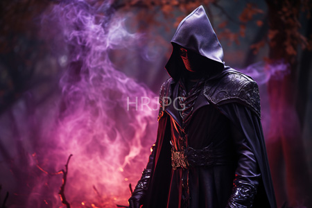 High Resolution: Armored hooded figure dark skin red eyes standing front of purple smoke autumnal trees intricate black leather armor download. | HRJPG.com