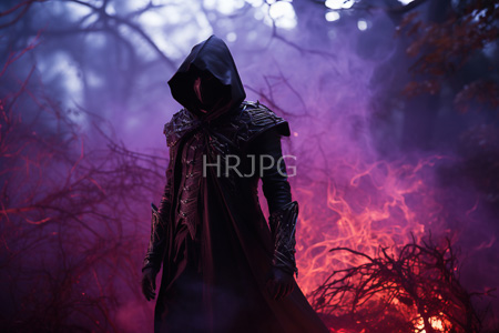 High Resolution: Anonymous hooded figure dark armor cloak standing amidst smoky forest glowing red-orange firelight twisted branches purple mist download. | HRJPG.com