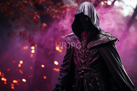 High Resolution: Eerie hooded figure dark medieval attire intricate purple patterns glowing red eyes smoke swirls around them blurred orange lights download. | HRJPG.com