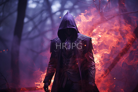 High Resolution: Ominous hooded figure dark armor long beard standing front of intense red-orange flames foggy forest at night download. | HRJPG.com