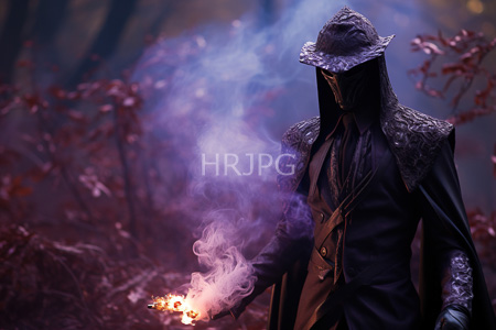 High Resolution: Enigmatic dark-robed figure intricate patterns on cloak hooded headpiece standing misty forest dusk holding glowing embers download. | HRJPG.com