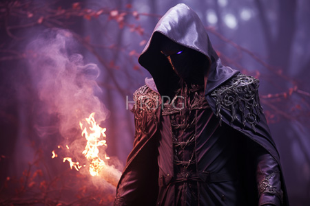 High Resolution: Enigmatic figure dark ornate robes intricate patterns fur trimmings hood up obscuring face glowing blue eyes holding lit torch download. | HRJPG.com