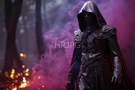 High Resolution: Armored hooded figure blackened face intricate shoulder plates standing smoky forest purple smoke surrounds them orange flames burn download. | HRJPG.com