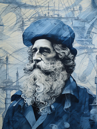 High Resolution: Intricate blue-toned elderly man curly white hair beard large beret-like hat deep-set eyes gazing contemplation sadness download. | HRJPG.com