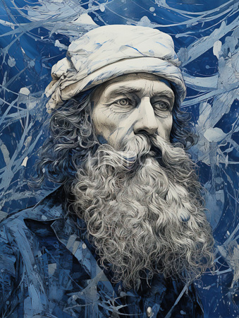 High Resolution: Intricate elderly man long curly gray beard mustache swirling blue abstract background watercolor splashes brushstrokes white headscarf download. | HRJPG.com