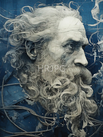 High Resolution: Intricate digital art piece elderly man long curly white hair beard profile view textured blue background abstract lines download. | HRJPG.com