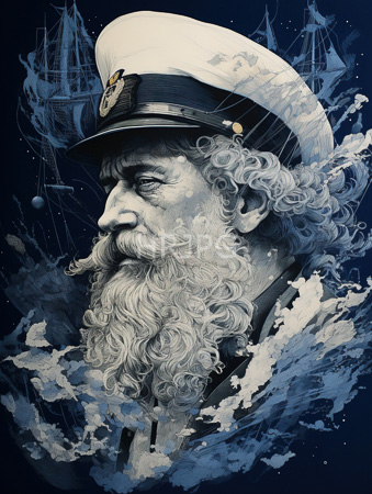 High Resolution: Elderly white-haired man curly beard prominent nose wearing navy captain's hat gold emblem dark blue background wispy clouds download. | HRJPG.com