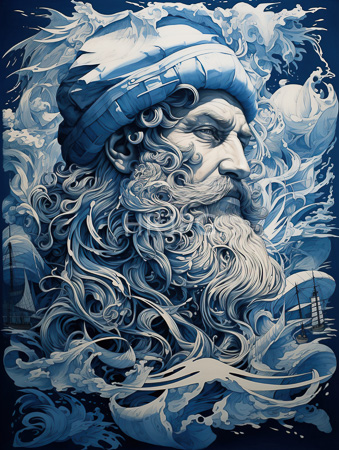 High Resolution: Blue white tones elderly bearded man flowing hair knitted hat amidst swirling waves clouds sea foam contemplative expression download. | HRJPG.com