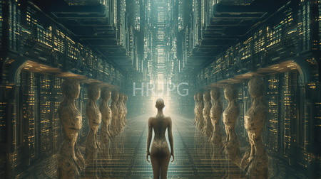 High Resolution: CGI futuristic scene unclothed woman dark skin short hair standing symmetrical rows humanoid statues metallic corridors yellow lights download. | HRJPG.com