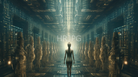 High Resolution: Futuristic dim-lit corridor metallic walls intricate patterns central figure nude woman facing away cylindrical structures greenish-blue light download. | HRJPG.com