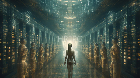 High Resolution: Futuristic dim-lit corridor metallic walls grid-patterned floor slender woman revealing black bodysuit facing away rows identical golden humanoid robots download. | HRJPG.com