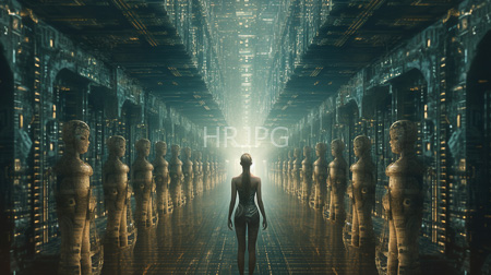 High Resolution: Androgynous nude figure dark skin standing front of rows identical golden statues futuristic corridor glowing blue lights reflections download. | HRJPG.com