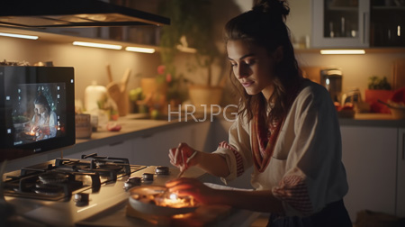 High Resolution: Asian woman long brown hair bun cream blouse red patterned sleeves cooking at night modern kitchen stove warm lighting download. | HRJPG.com