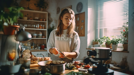 High Resolution: Young woman light brown hair white long-sleeve shirt sunlit kitchen chopping vegetables wooden countertop potted plants cooking utensils download. | HRJPG.com