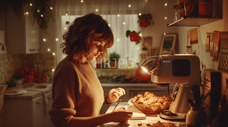 High Resolution: Asian woman wavy brown hair beige sweater warm lighting slicing vegetables kitchen counter white stand mixer basket chopped ingredients download. | HRJPG.com