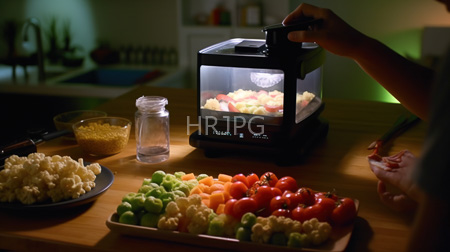 High Resolution: Dim kitchen scene warm lighting hands operating electric food steamer colorful vegetables cauliflower florets mixed cherry tomatoes broccoli download. | HRJPG.com