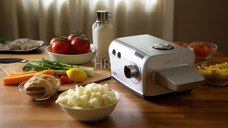 High Resolution: Wooden kitchen table electric food steamer silver bowl diced potatoes glass bottle tomatoes corn kernels carrots download. | HRJPG.com