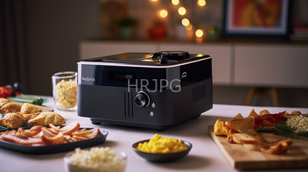 High Resolution: Modern kitchen scene black air fryer white countertop various snacks chips vegetables bowls framed art wooden cabinet download. | HRJPG.com