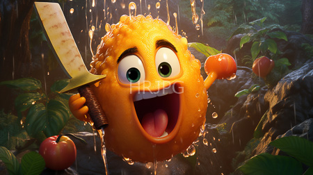 High Resolution: Anthropomorphic orange fruit curly texture large green eyes holding knife smiling widely raining water droplets lush jungle foliage download. | HRJPG.com