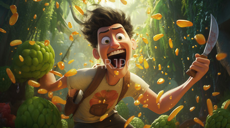 High Resolution: Excited young boy messy brown hair wide eyes lush jungle holding green fruit swinging with knife suspenders orange flower download. | HRJPG.com