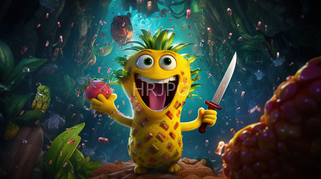 High Resolution: Animated yellow pineapple creature green spiky hair large eyes holding pink fruit gripping small knife rocky ground lush jungle download. | HRJPG.com