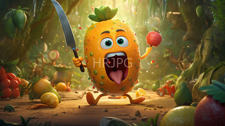 High Resolution: Anthropomorphic spiky orange fruit green leaves wide eyes holding knife eagerly licking tongue towards held strawberry scattered fruits download. | HRJPG.com