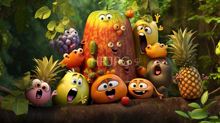 High Resolution: Vibrant cartoon scene anthropomorphic fruits vegetables expressive faces tree branch lush forest excited apple surprised grapes pineapples bananas download. | HRJPG.com