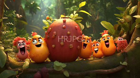 High Resolution: Six vibrant anthropomorphic fruit characters expressive faces moss-covered tree branch lush jungle large red pomegranate small orange citrus download. | HRJPG.com