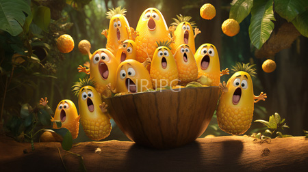 High Resolution: Vibrant yellow pineapple creatures expressive eyes open mouths excitement surprise inside wooden bowl forest floor pineapples float greenery download. | HRJPG.com