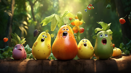 High Resolution: Five anthropomorphic fruit characters expressive faces standing on soil sunlit forest clearing strawberry-like banana-shaped child parent duo download. | HRJPG.com
