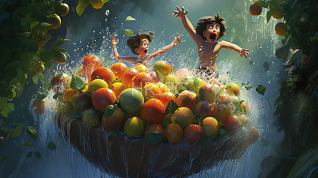 High Resolution: Two shirtless brown-haired children joyfully splashing overflowing basket colorful fruits dappled sunlight lush greenery water cascades around download. | HRJPG.com
