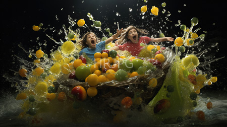 High Resolution: Two excited children blue pink shirts sitting atop overflowing basket colorful lemons oranges apples green grapes splashing water download. | HRJPG.com