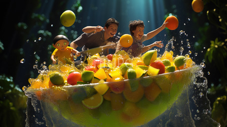 High Resolution: Vibrant scene three animated children joyfully tossing colorful fruits overflowing transparent bowl water sunlight-drenched forest splashes download. | HRJPG.com