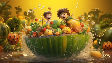 High Resolution: Vibrant illustration two cheerful cartoon-style children wide smiles sitting in overflowing watermelon bowl colorful fruits splashing bubbles download. | HRJPG.com