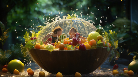 High Resolution: Two children curly hair boy girl playfully interacting oversized wooden bowl colorful fruits water droplets splash soft sunlight download. | HRJPG.com