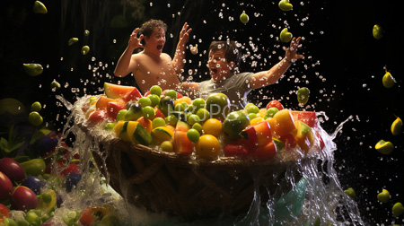 High Resolution: Two shirtless men curly hair short brown hair joyfully splashing water standing in overflowing basket colorful fruits pieces flying download. | HRJPG.com