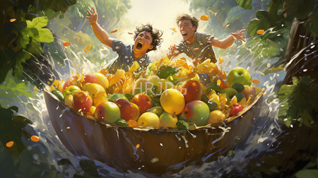 High Resolution: Two joyful young boys messy black hair brown skin laughing splashing overflowing wooden basket colorful apples sunlight filtering download. | HRJPG.com