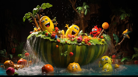 High Resolution: Vibrant scene anthropomorphic fruits elaborate jungle-themed water display colorful fruit characters yellow lemons red cherries melon-shaped pool download. | HRJPG.com