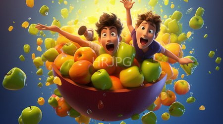 High Resolution: Excited cartoon-style boys brown hair wide eyes vibrant colors orange shirt purple-shirted reaching out large red bowl floating green apples download. | HRJPG.com