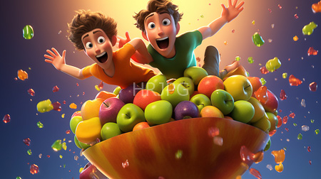 High Resolution: Excited cartoon-style boys brown hair wide smiles jumping from overflowing bowl colorful apples gradient blue-to-orange background confetti floats download. | HRJPG.com