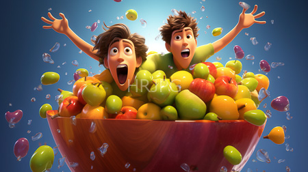 High Resolution: Excited cartoon-style boys wide eyes open mouths emerging from overflowing bowl colorful apples blue gradient background water droplets download. | HRJPG.com