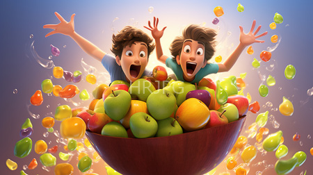 High Resolution: Excited brown-haired children wide eyes open mouths reaching towards colorful fruit wooden bowl apples oranges grapes glowing gradient download. | HRJPG.com