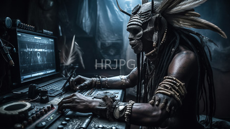 High Resolution: African tribal warrior dark skin feathered headdress facial markings operating advanced electronic equipment dim blue lighting brass bracelets download. | HRJPG.com