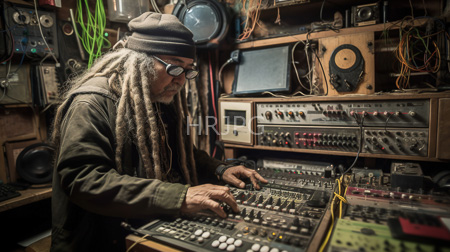 High Resolution: Older Black man long gray dreadlocks glasses brown beanie hat cluttered audio engineering studio adjusting knobs vintage mixing consoles download. | HRJPG.com