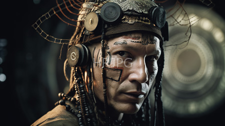 High Resolution: Asian woman intricate tribal face paint steampunk-inspired headgear gears beads serious expression dark background blurred circular patterns download. | HRJPG.com