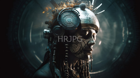 High Resolution: Cyberpunk-style portrait African man tribal tattoos face mechanical headgear gears coils wires emitting sparks orange flames download. | HRJPG.com