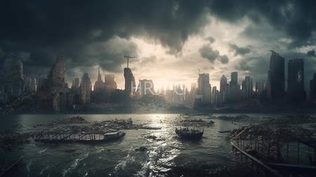 High Resolution: Post-apocalyptic cityscape sunset dark storm clouds sunlight breaking through turbulent water debris fields collapsed buildings submerged structures download. | HRJPG.com