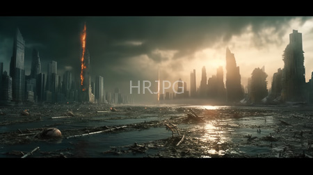 High Resolution: Apocalyptic cityscape sunset ruined skyscrapers jagged edges debris-laden water foreground fiery plumes rise dark clouds golden sunlight download. | HRJPG.com