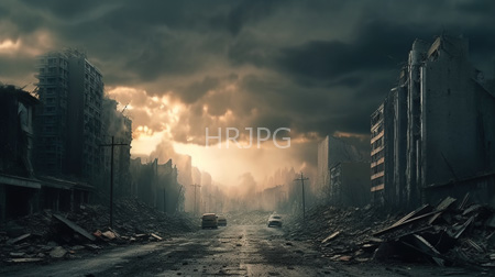 High Resolution: Apocalyptic urban street dark stormy skies golden sunlight breaking through clouds ruined buildings rubble-filled sidewalks tall skyscrapers download. | HRJPG.com